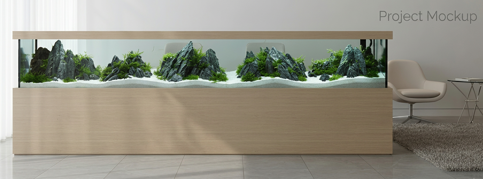 aquascaping A minimalist, high-end office reception area with a long, light oak counter and a built-in freshwater aquarium that runs almost the entire length of the desk. The aquascape features a carefully composed rocky mountain-style layout with white sand pathways winding between dark gray stones and low, compact green plants. Soft, diffused daylight filters through large windows off-frame, gently mixing with the aquarium’s cool LED light, creating subtle reflections on the polished floor tiles. Photographic realism, wide-angle composition with balanced symmetry, evoking a calm, welcoming, and professional atmosphere suited for an Ottawa business lobby.